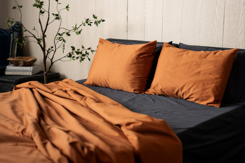 Terracotta Sateen Organic Cotton Luxury Duvet Cover Set, Slate Grey Sateen Organic Cotton Luxury Sheet Set