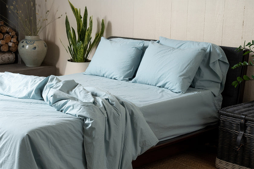 Mint Crinkle Percale Organic Cotton Duvet Cover Set