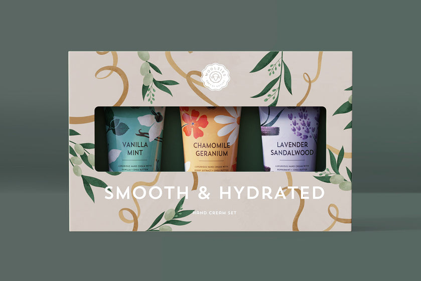 smooth and hydrated hand cream set in packaging