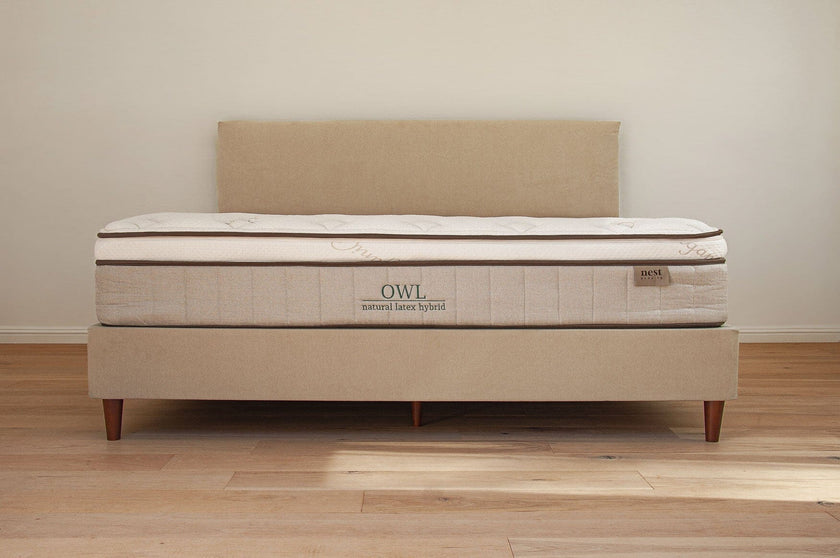 The HomeBase Foundation Sand Front with a headboard and an Owl Natural Latex Hybrid mattress