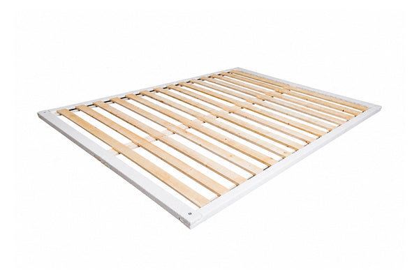 Angled wooden bunkie board bed slats framed in organic cotton on a white background