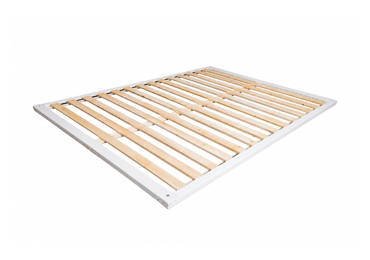 Angled wooden bunkie board bed slats framed in organic cotton on a white background