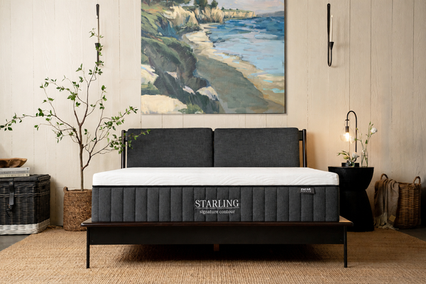 A Starling mattress on a dark bed frame in a styled bedroom setting with a coastal painting on the wall, a potted tree, and side tables.