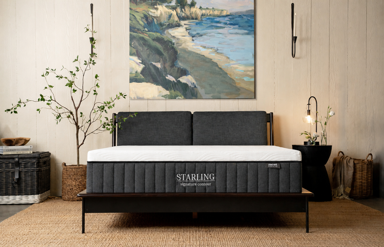 A Starling mattress on a dark bed frame in a styled bedroom setting with a coastal painting on the wall, a potted tree, and side tables.