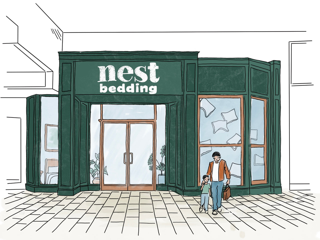 Illustration of a store front with 'nest bedding' signage, featuring a man and child walking by.