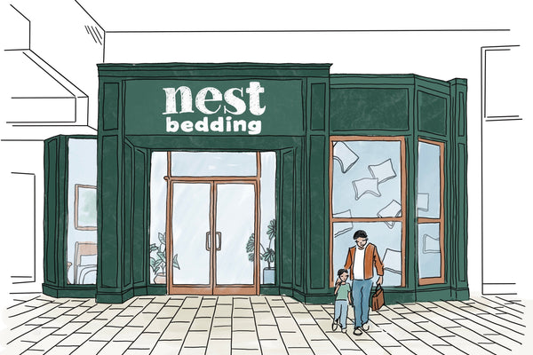 Illustration of a store front with 'nest bedding' signage, featuring a man and child walking by.