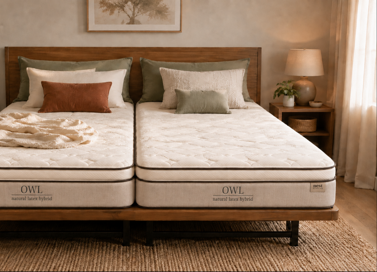 split king owl mattresses side by side on an adjustable base.