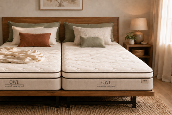 split king owl mattresses side by side on an adjustable base.