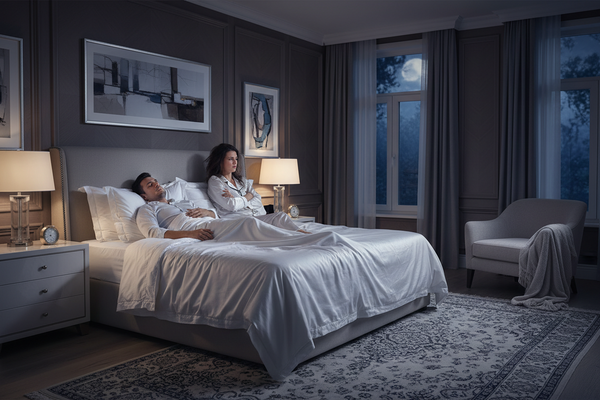 Couple lying in bed in a dimly lit bedroom with moonlit window.