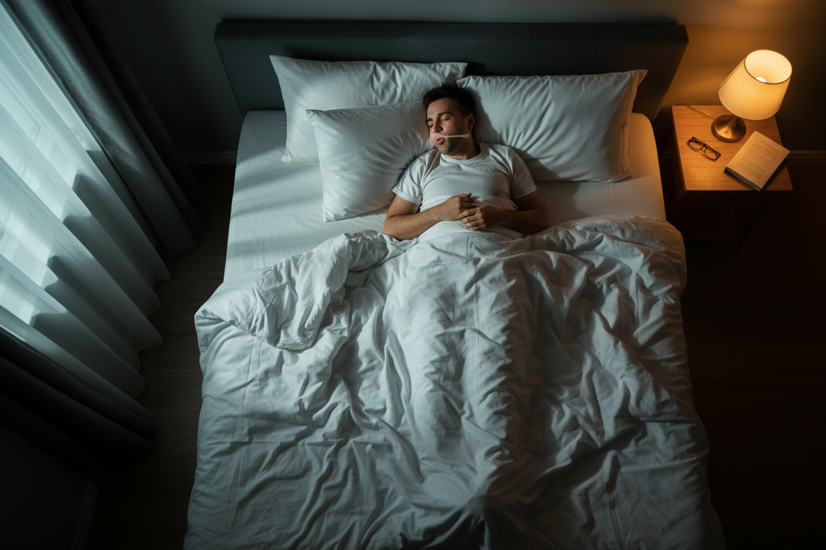 a man snoring in bed