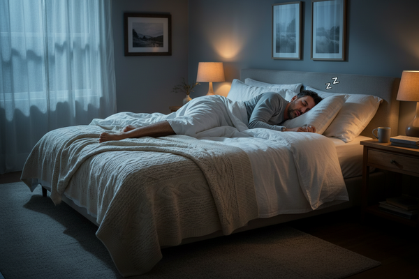 A man snoring in bed at night when he is sleeping.