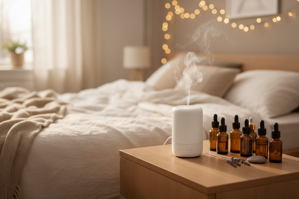 Essential oils next to an oil diffuser inside of a well lit bedroom.