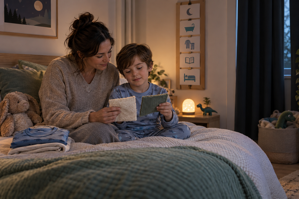 Parent and child comparing bedding textures in a calm sensory-friendly bedroom
