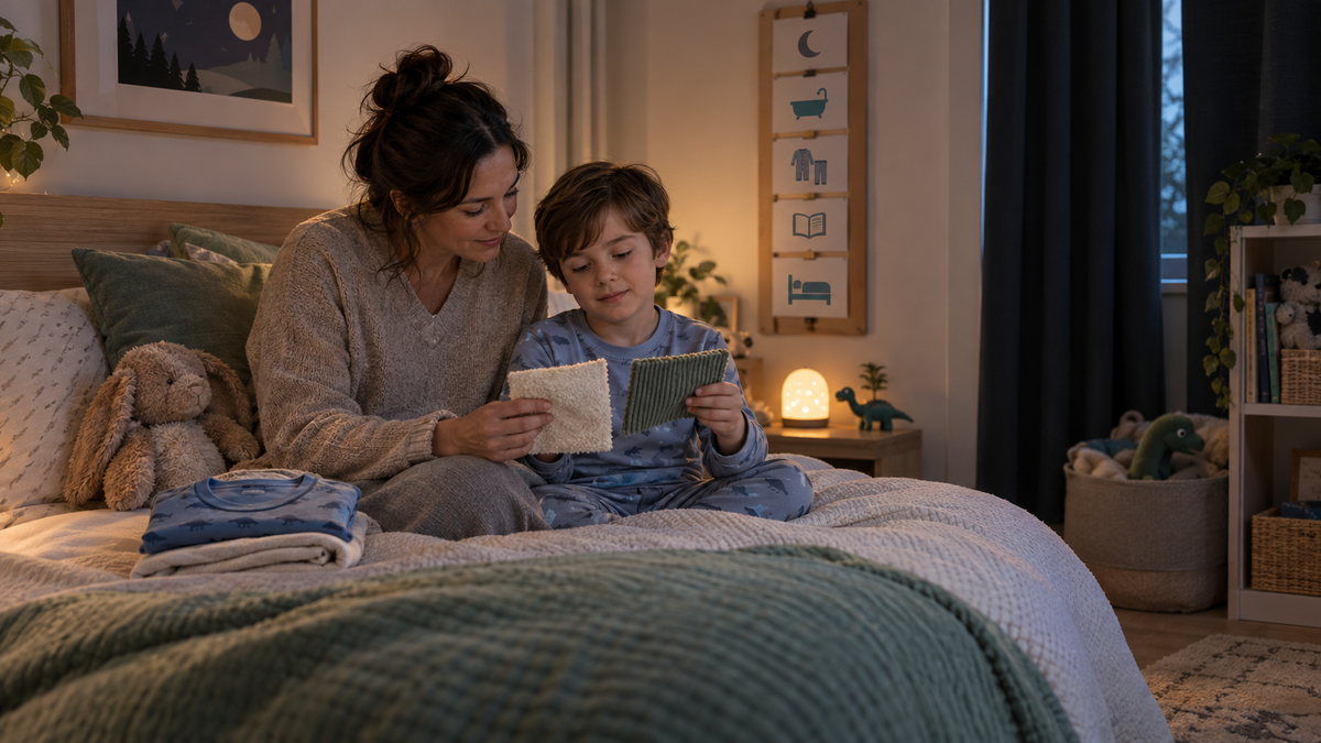 Parent and child comparing bedding textures in a calm sensory-friendly bedroom