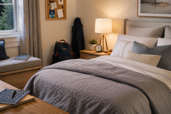 Calm student bedroom with a made bed, backpack, notebooks, and warm evening light for a back-to-school sleep routine