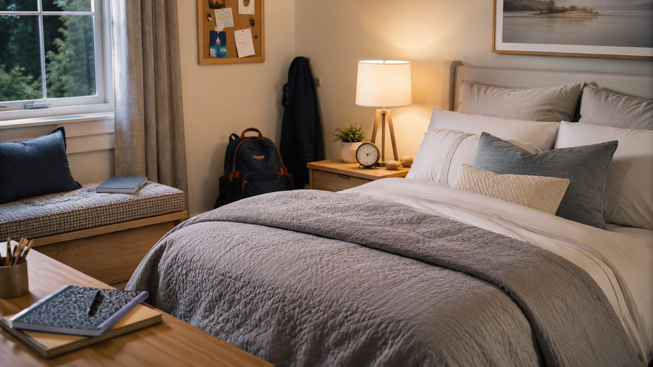Calm student bedroom with a made bed, backpack, notebooks, and warm evening light for a back-to-school sleep routine