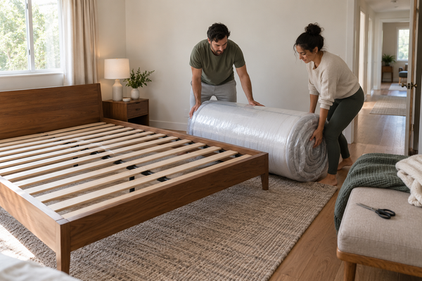 Two people position a compressed mattress beside a prepared wood platform bed.