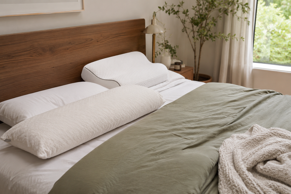 Modern bed with a long body pillow arranged for side sleeper support