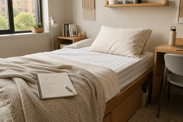 Compact dorm bed with layered bedding and a moving-in checklist