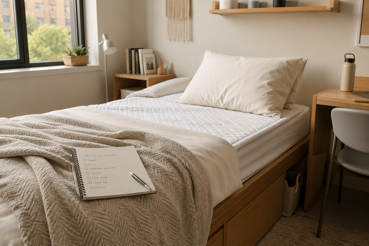 Compact dorm bed with layered bedding and a moving-in checklist