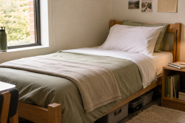 A tidy Twin XL dorm bed with breathable bedding, a pillow, and study items in a small campus room