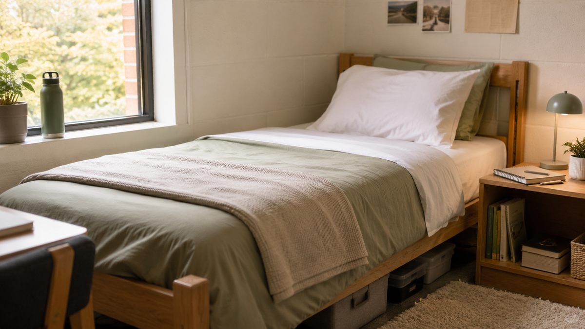 A tidy Twin XL dorm bed with breathable bedding, a pillow, and study items in a small campus room