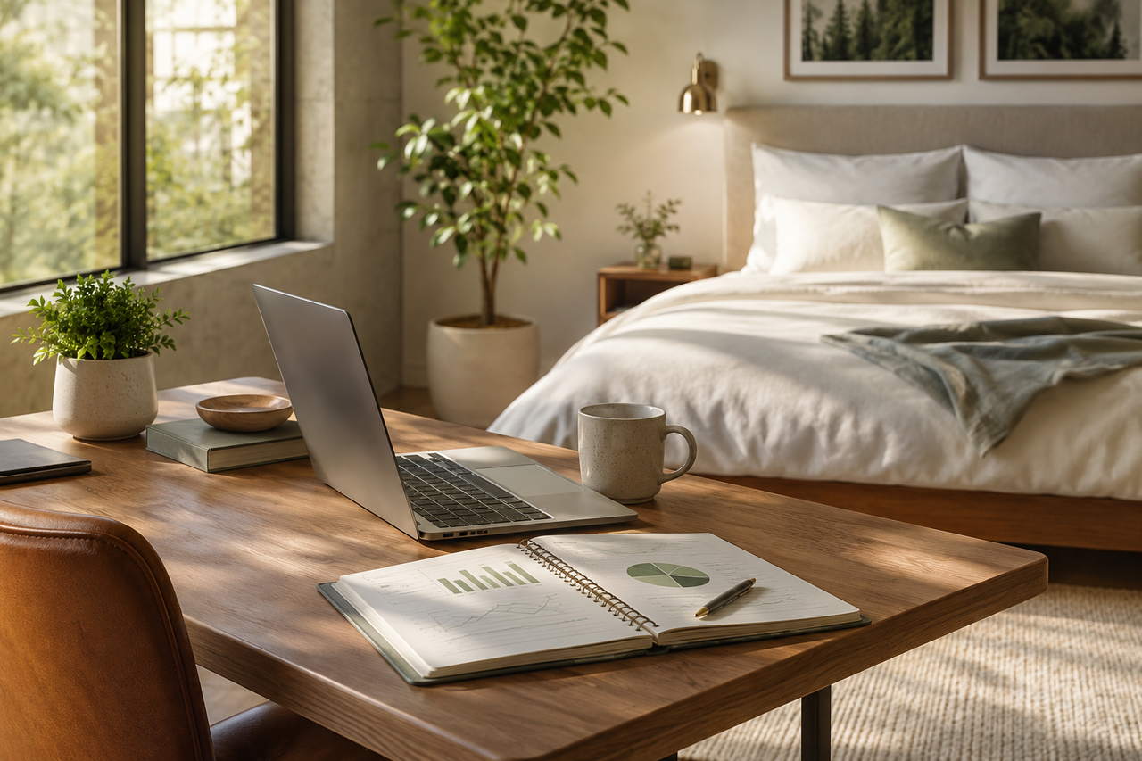 Editorial image showing a calm workspace beside soft bedding to represent sleep and workplace performance.