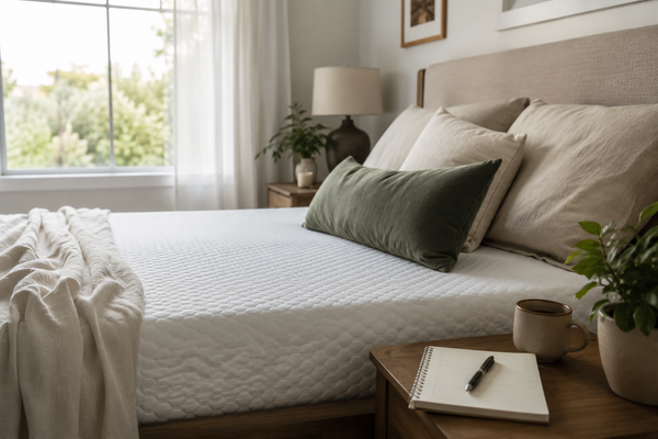 Freshly made bed with a bedside notebook for tracking new mattress comfort