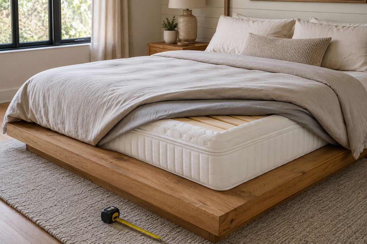 Mattress lifted to show a sturdy slatted wood foundation underneath
