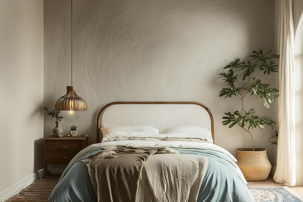 Empty bedroom with bed in the center