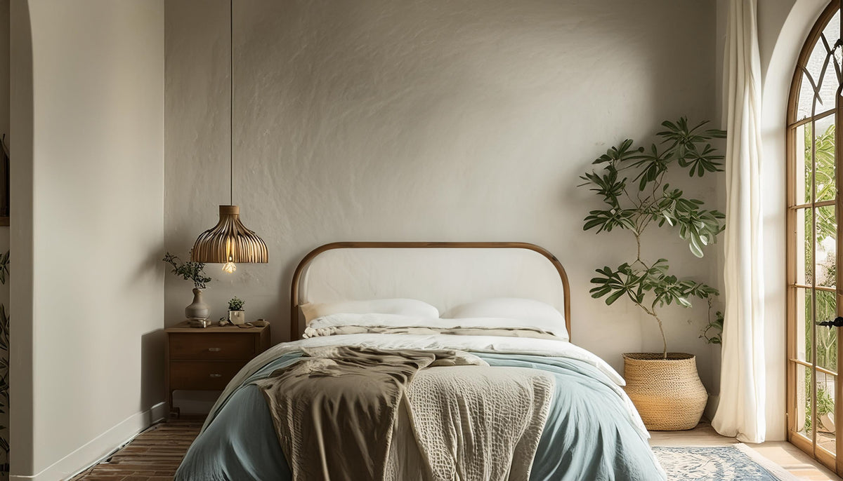 Empty bedroom with bed in the center