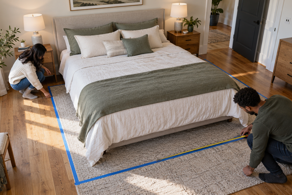 Couple measuring taped mattress dimensions in a bedroom