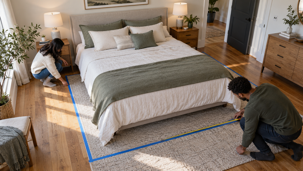 Couple measuring taped mattress dimensions in a bedroom