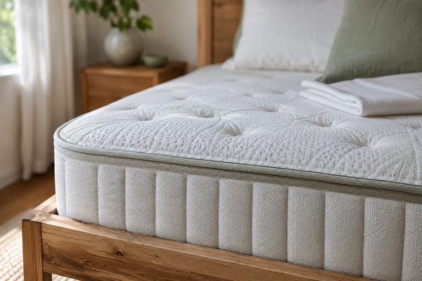 Close view of a quilted mattress cover showing stitching and layered surface texture