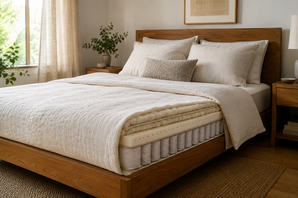 Layered mattress materials shown on a calm modern bed in natural light