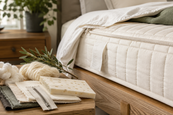 Mattress edge with material swatches and a label for transparency review