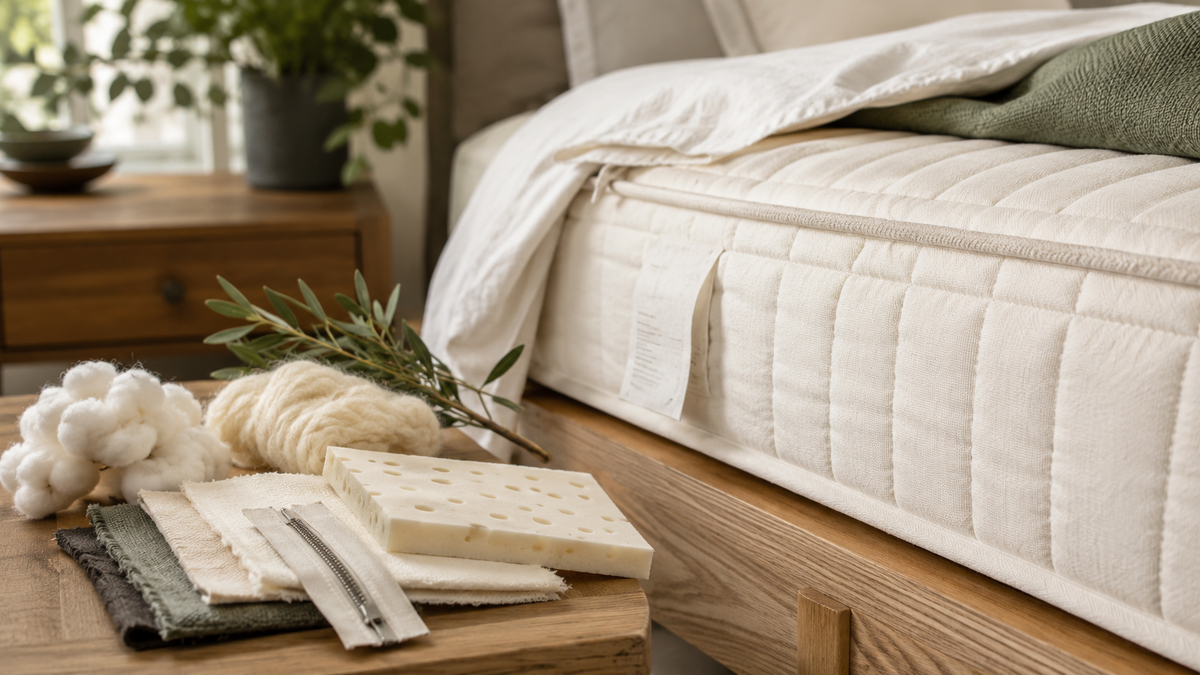 Mattress edge with material swatches and a label for transparency review