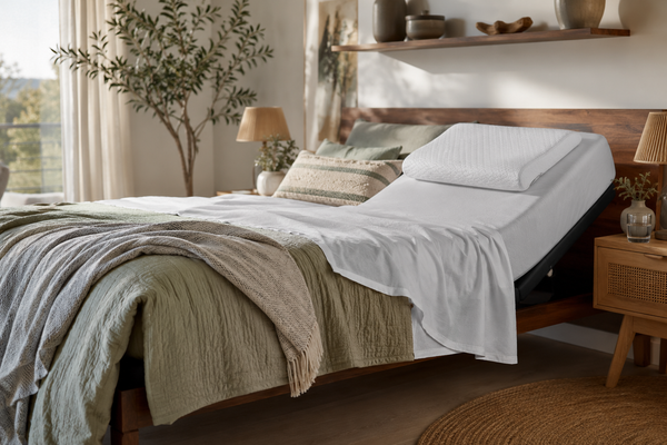 Breathable bedding layers on a warm modern bed for night warmth comfort