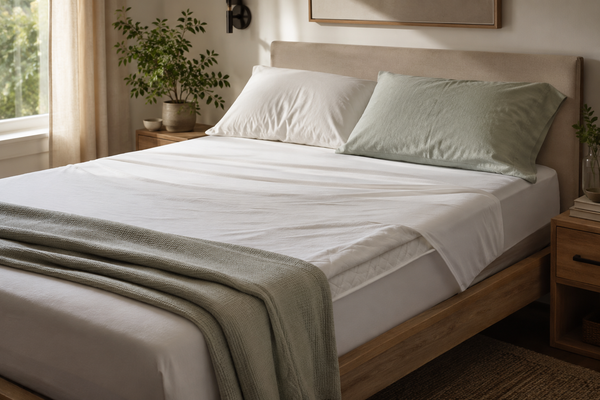Layered breathable bedding in a calm bedroom for midlife temperature comfort