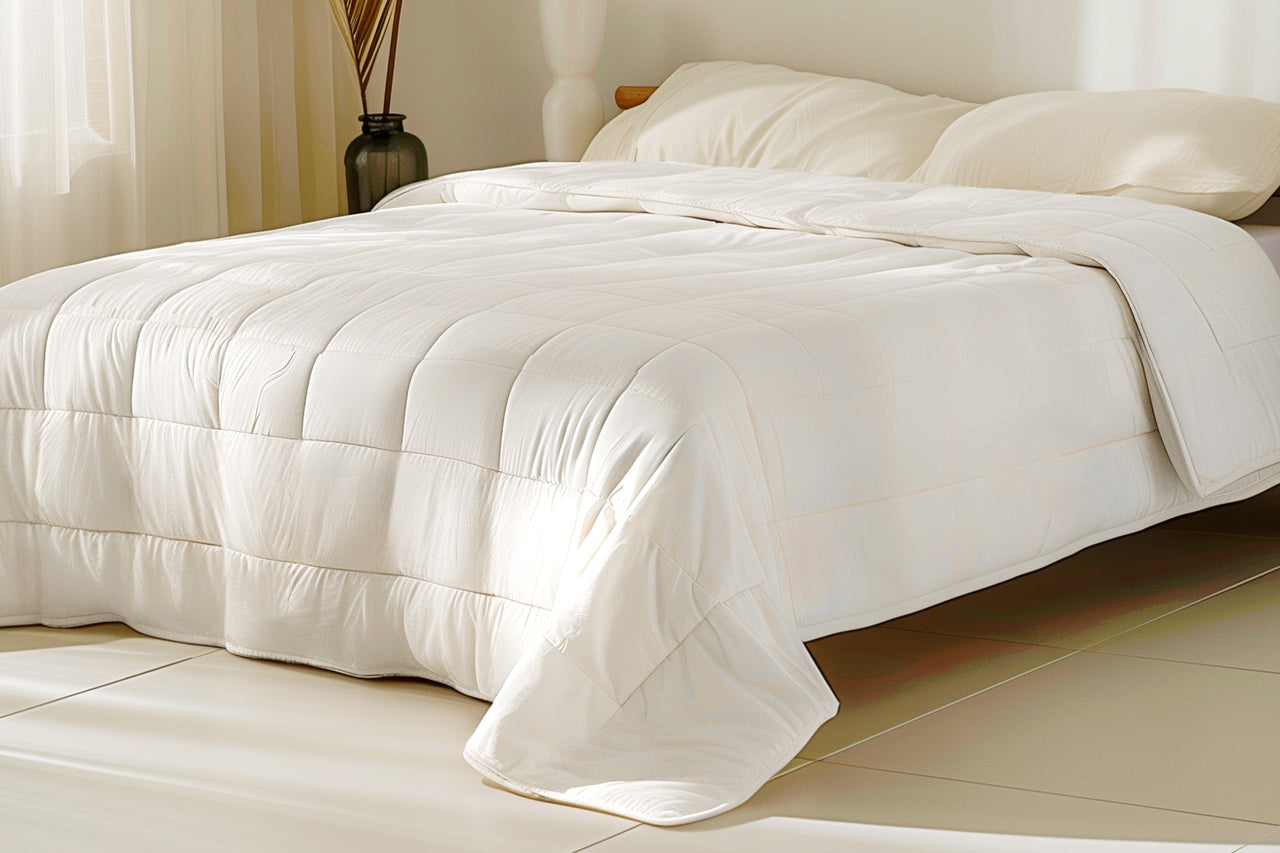 A fully made bed spread with the wool comforter draped over it. 