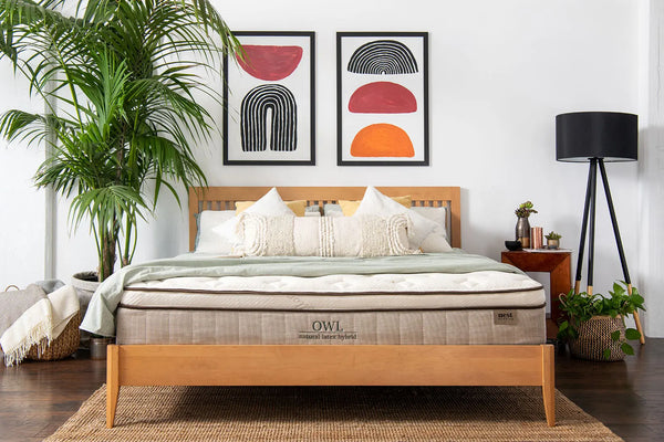 owl mattress in bedroom with bedspread 