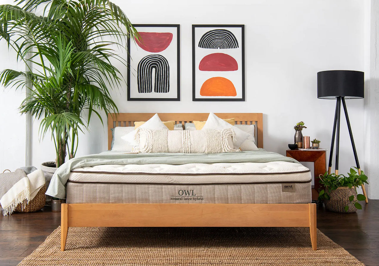 owl mattress in bedroom with bedspread 