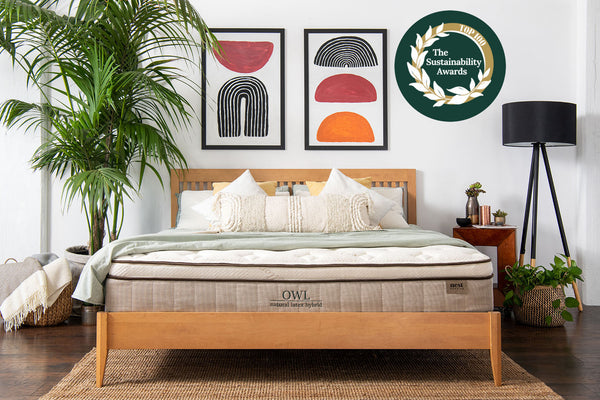 Top 100 Sustainability Awards emblem above a zippered mattress and adjustable-fill pillow in a sunlit bedroom.