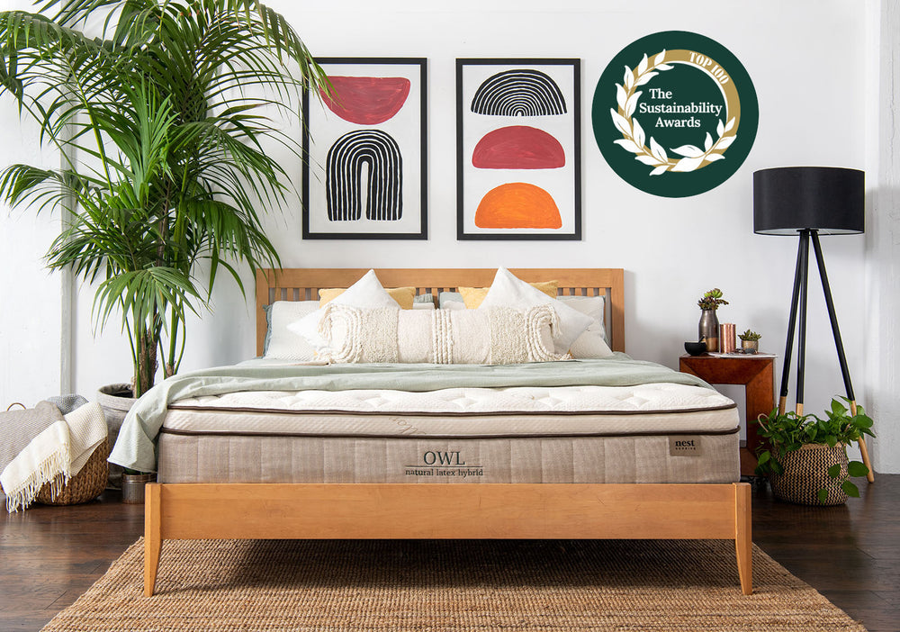 Top 100 Sustainability Awards emblem above a zippered mattress and adjustable-fill pillow in a sunlit bedroom.