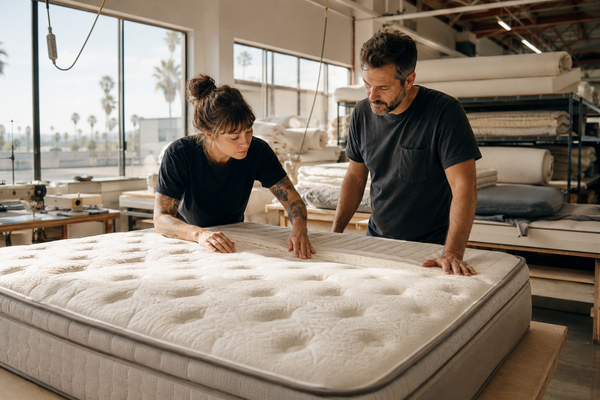 Craftspeople inspecting a finished mattress in a bright Southern California mattress workshop.