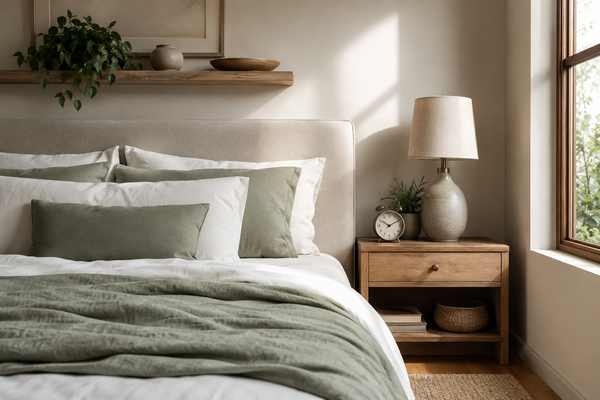 Calm bedroom with breathable bedding, analog clock, and lamp on a bedside table