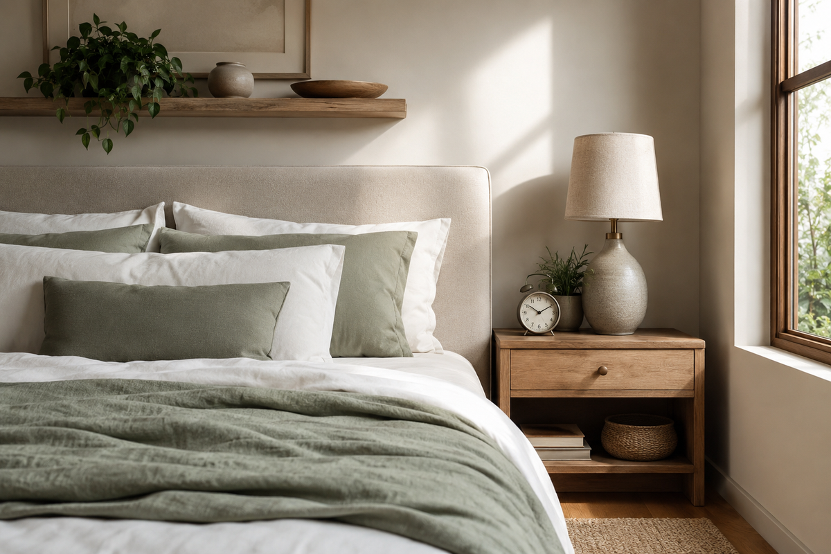 Calm bedroom with breathable bedding, analog clock, and lamp on a bedside table