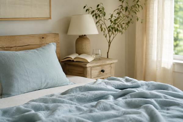 Quiet summer bedroom corner with breathable linen bedding set up for a short afternoon nap