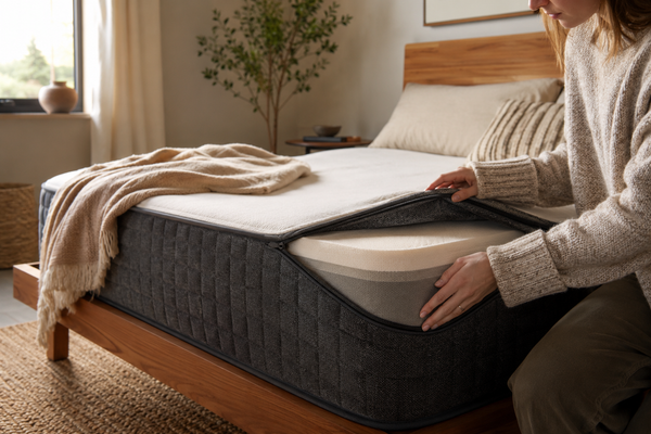 A modern mattress unzipped to show a replaceable comfort layer in a warm bedroom