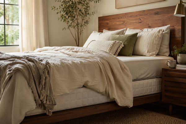 A softly rumpled bed that suggests breathable comfort and ease of movement for active sleepers
